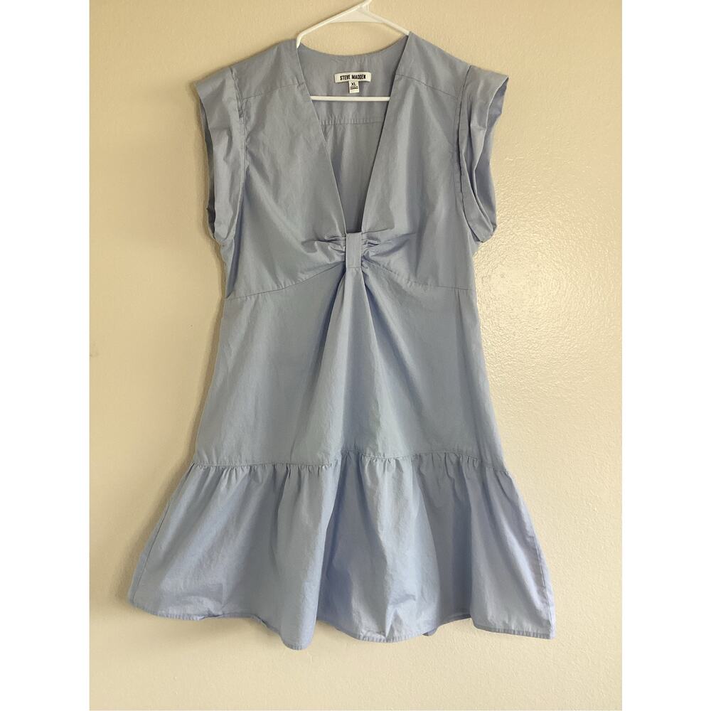 Steve Madden Womens XL Light Blue Cotton Babydoll Mini Dress V Neck Ruffle